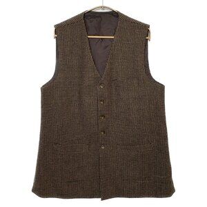 Vintage Tweed Vest Men SZ L Brown Black Wool Back Suit Classic 70s 80s Grandpa